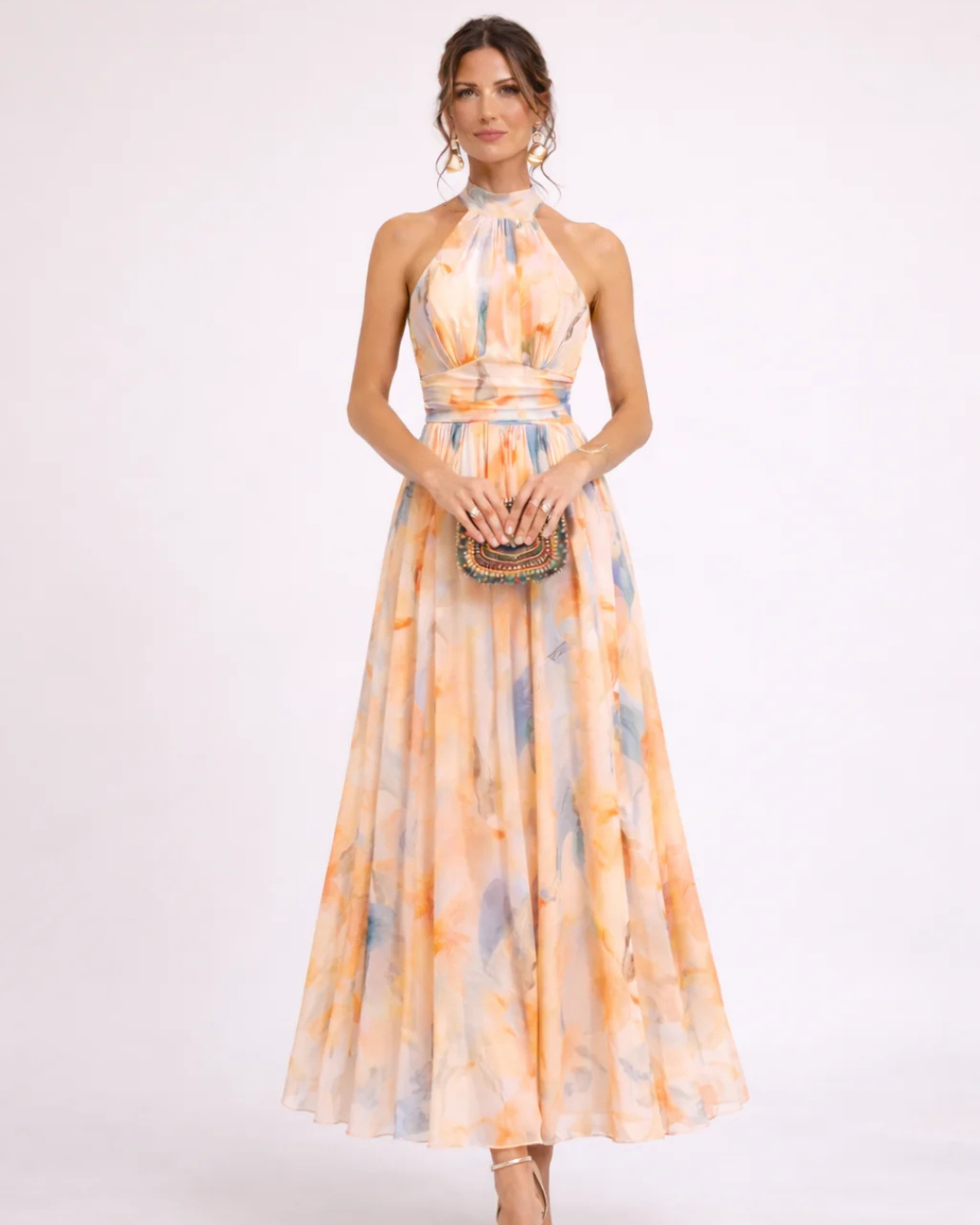 Séverine | Robe longue dos-nu, imprimé aquarelle