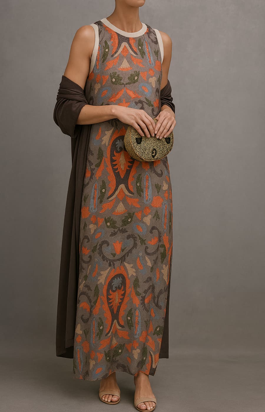 Théa | Ensemble robe imprimée, gilet léger assorti