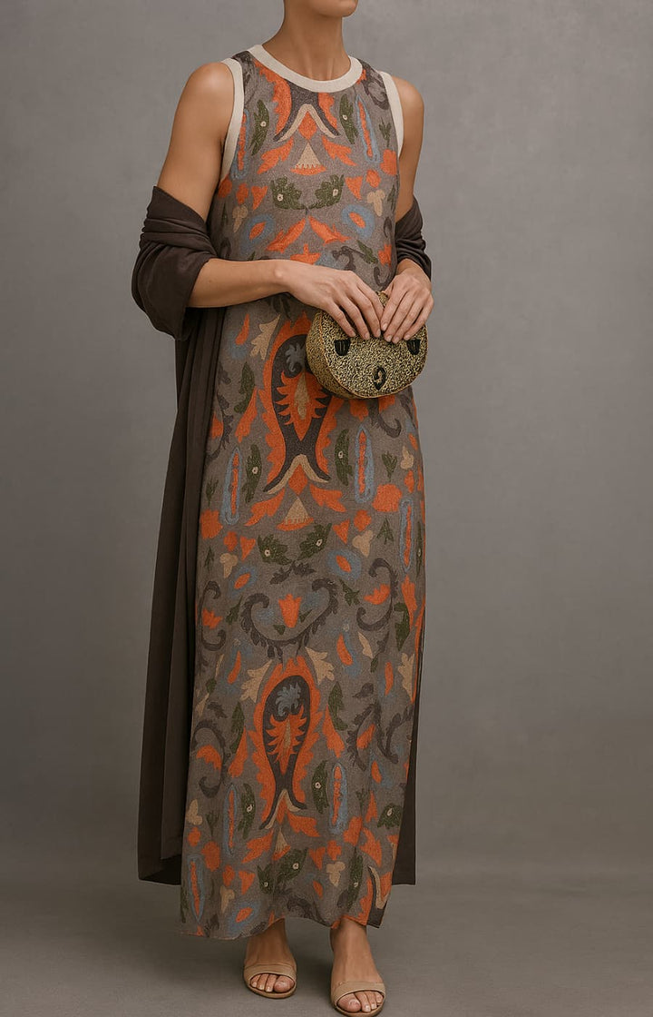Théa | Ensemble robe imprimée, gilet léger assorti