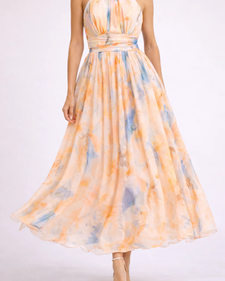 Séverine | Robe longue dos-nu, imprimé aquarelle