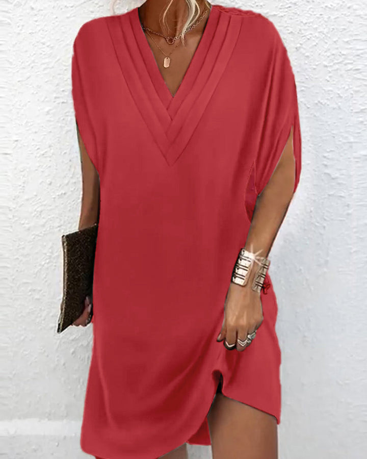 Bérénice | Robe droite unie, col V et manches fendues