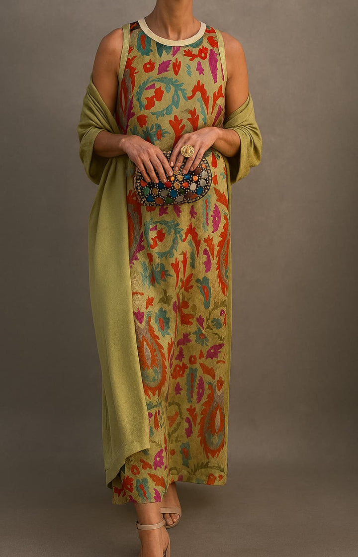 Théa | Ensemble robe imprimée, gilet léger assorti