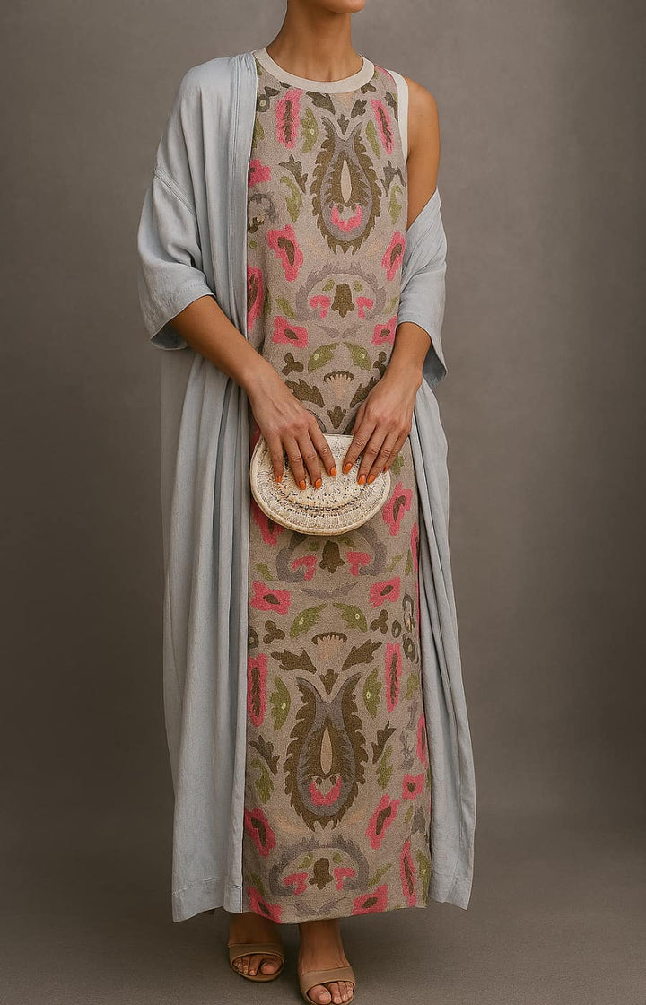 Théa | Ensemble robe imprimée, gilet léger assorti