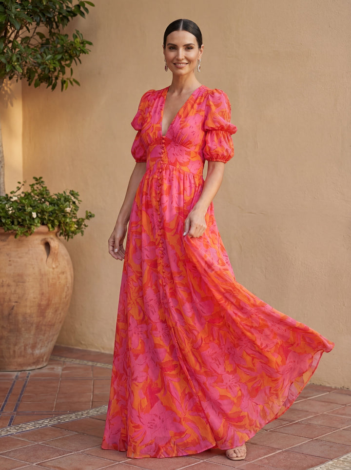 Zélie | Robe longue fluide, dégradé coloré et col en V