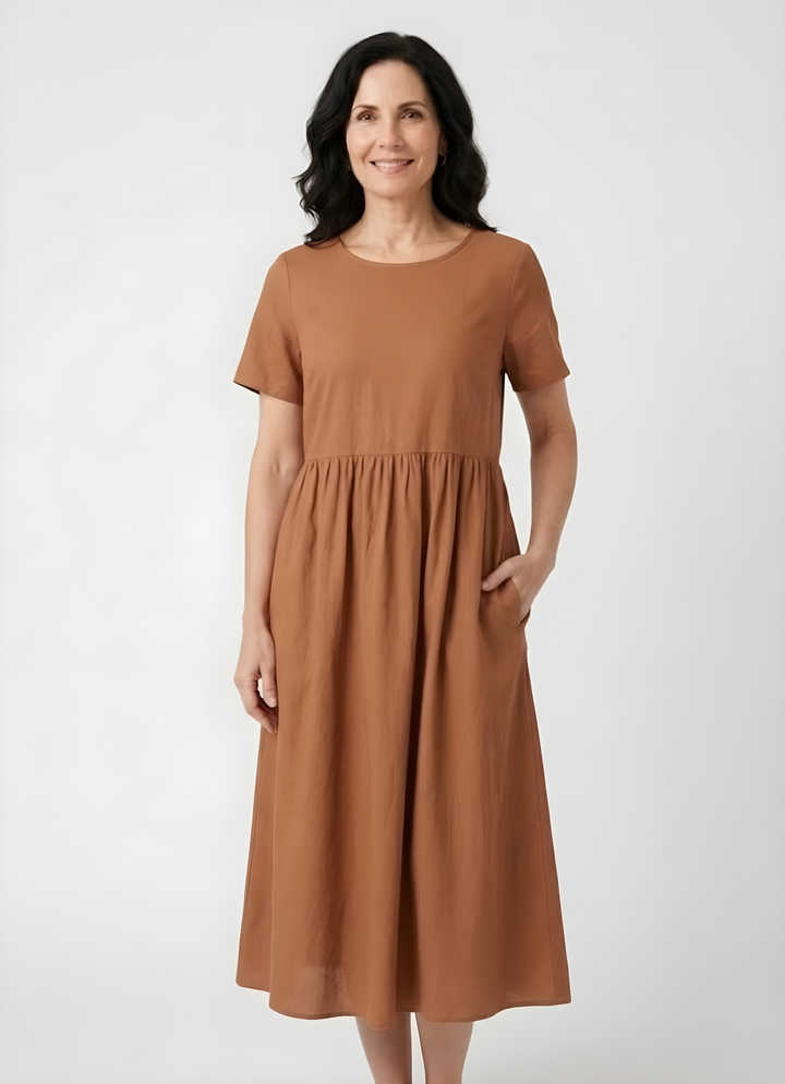 Marceline | Robe midi en coton-lin, manches courtes et poches latérales