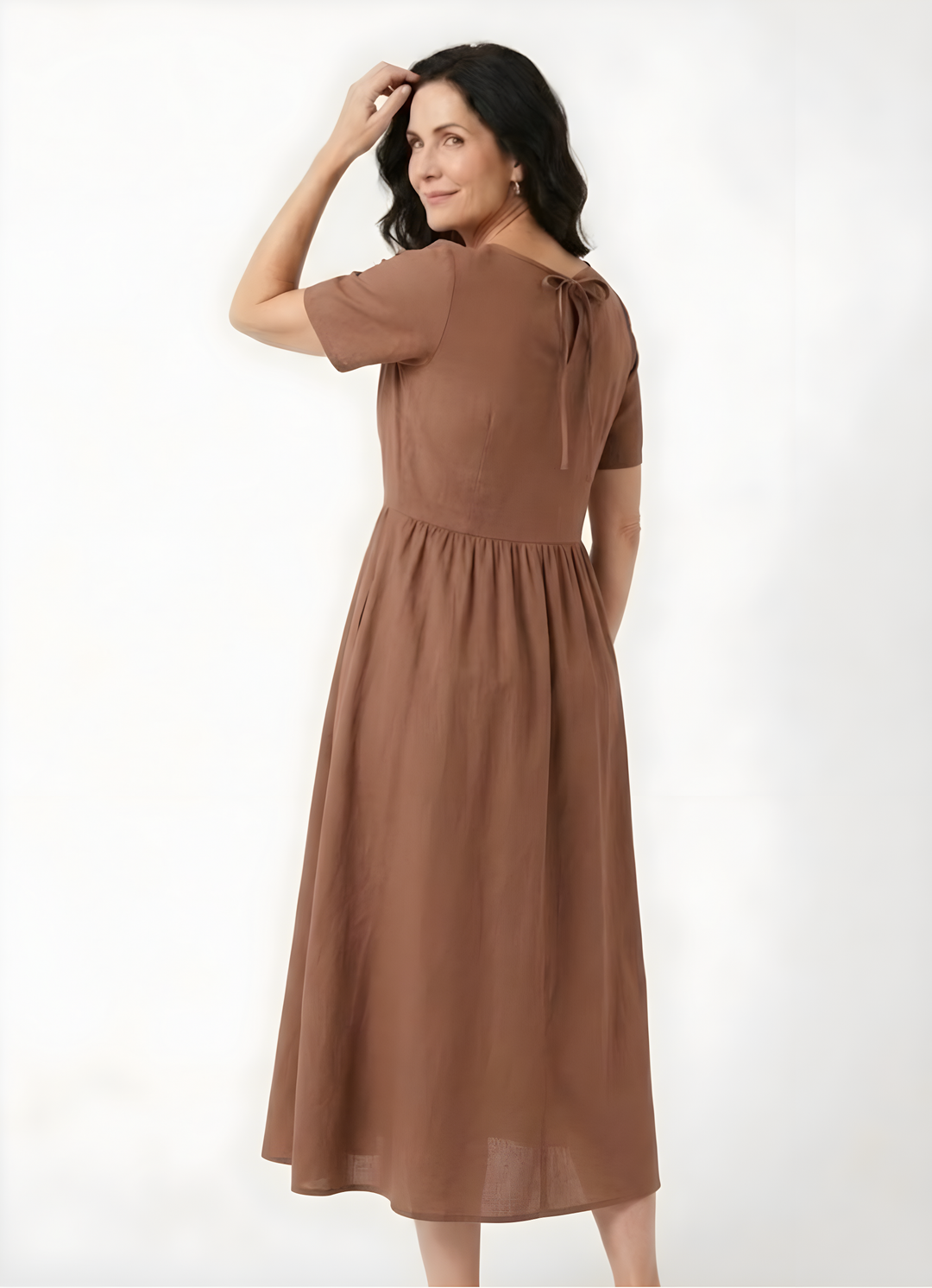 Marceline | Robe midi en coton-lin, manches courtes et poches latérales