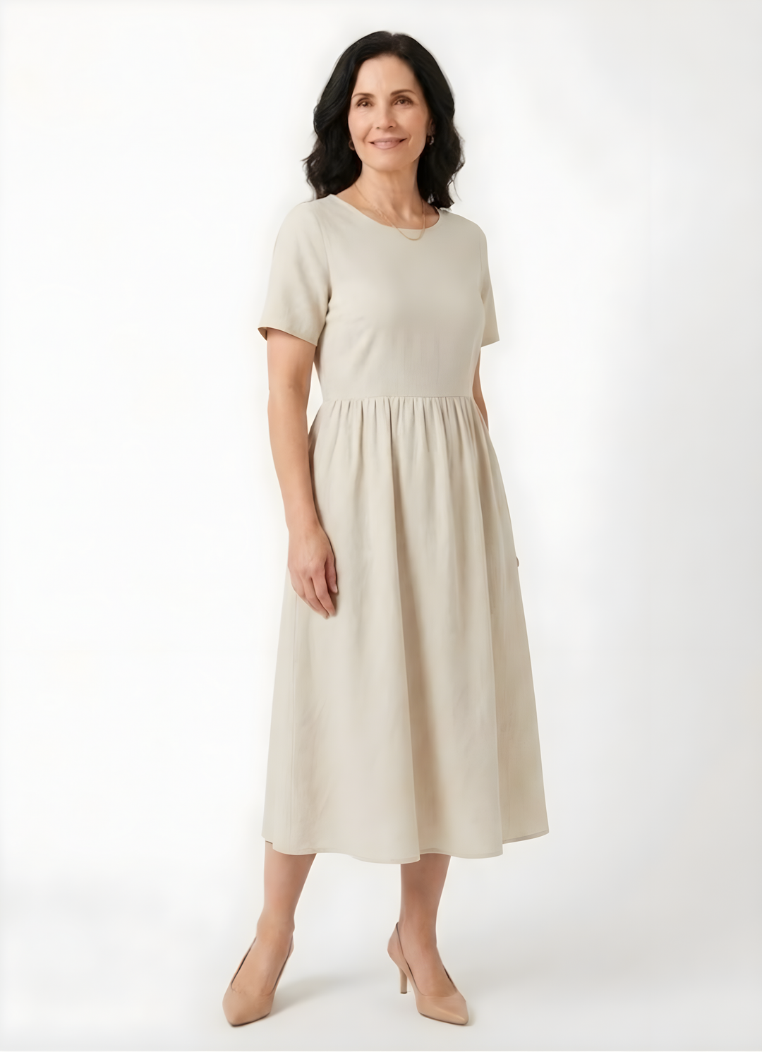 Marceline | Robe midi en coton-lin, manches courtes et poches latérales