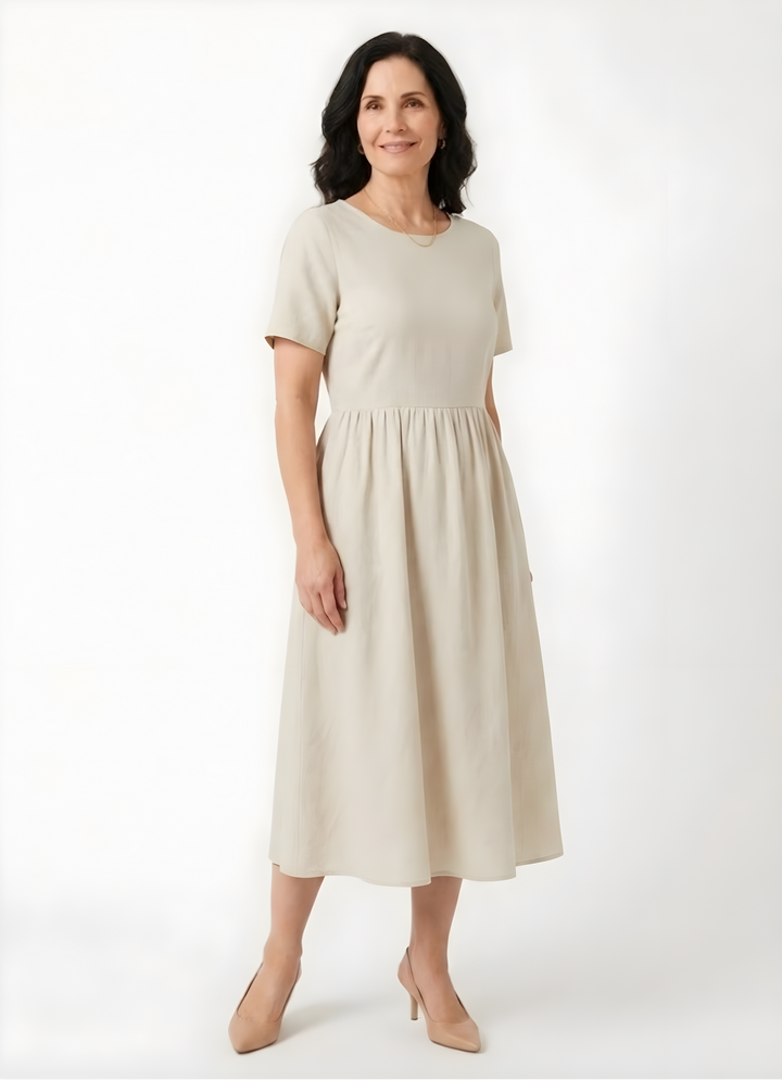 Marceline | Robe midi en coton-lin, manches courtes et poches latérales