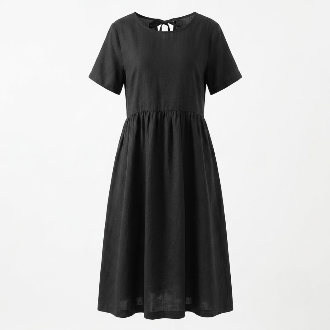 Marceline | Robe midi en coton-lin, manches courtes et poches latérales