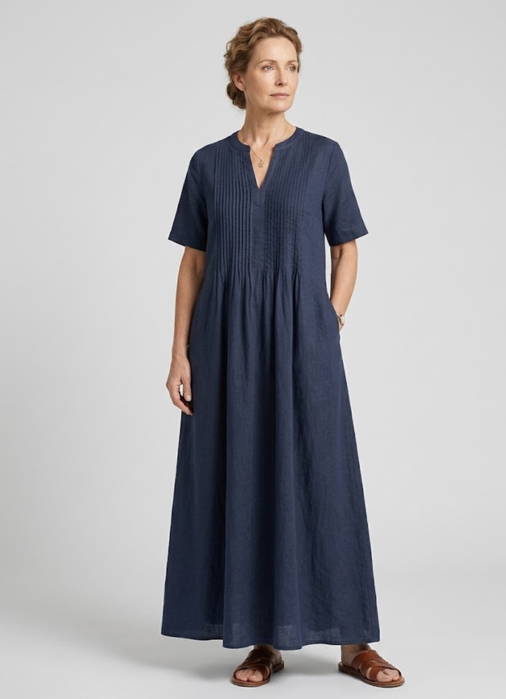Rosalinde | Robe longue effet lin, coupe évasée et col tunique