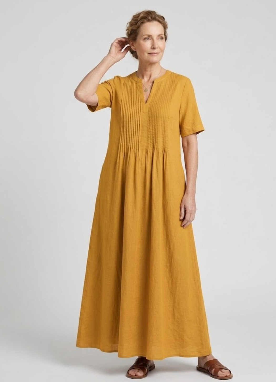 Rosalinde | Robe longue effet lin, coupe évasée et col tunique