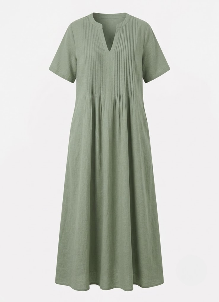 Rosalinde | Robe longue effet lin, coupe évasée et col tunique