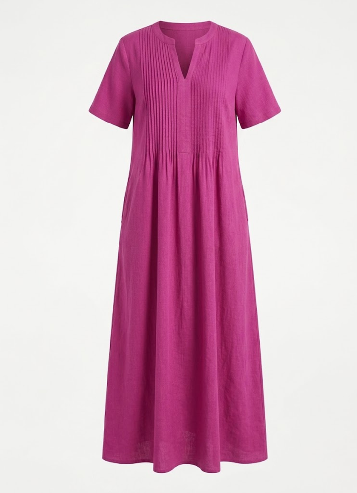 Rosalinde | Robe longue effet lin, coupe évasée et col tunique