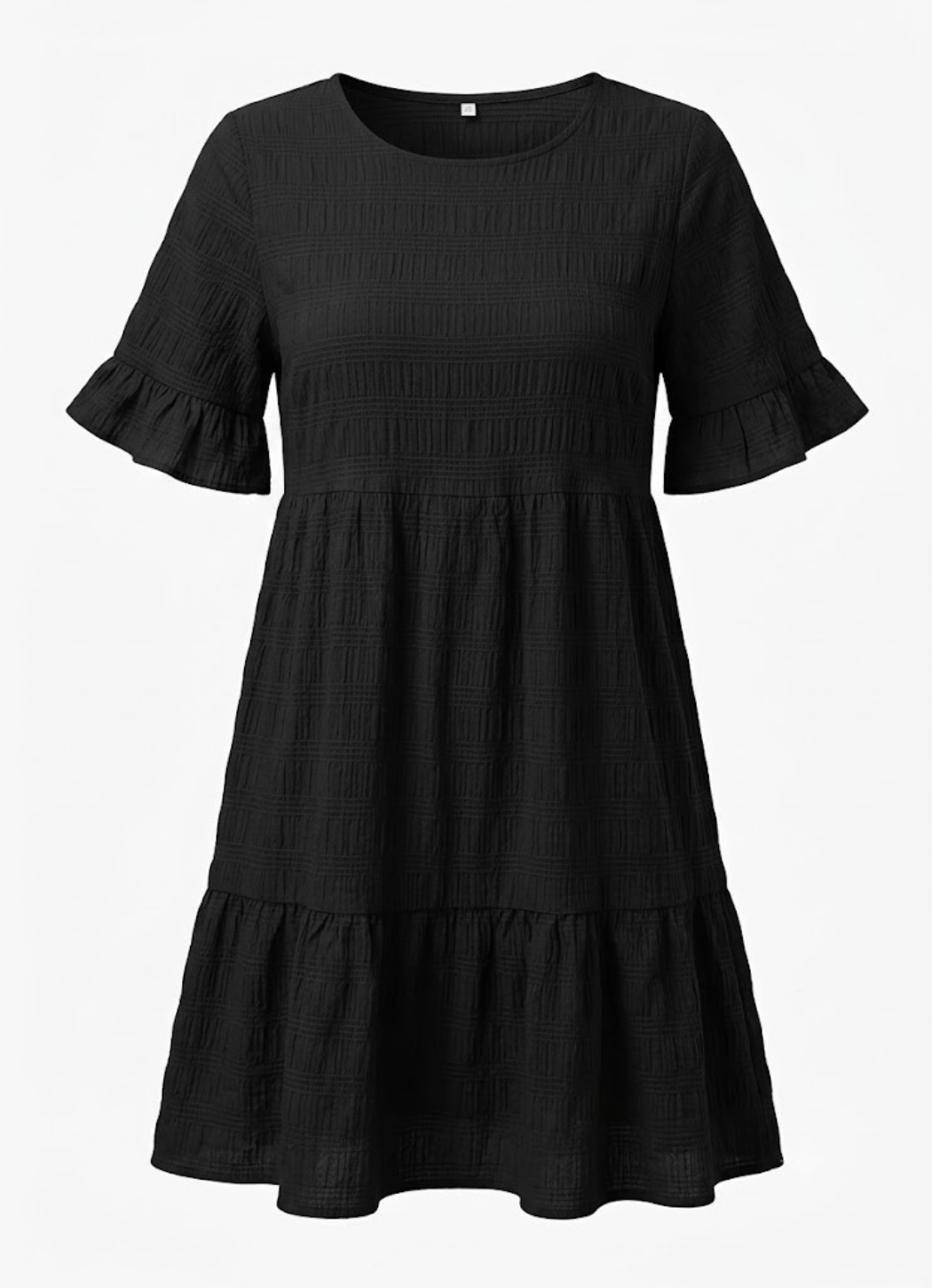 Adrienne | Robe évasée texturée, col rond et manches courtes