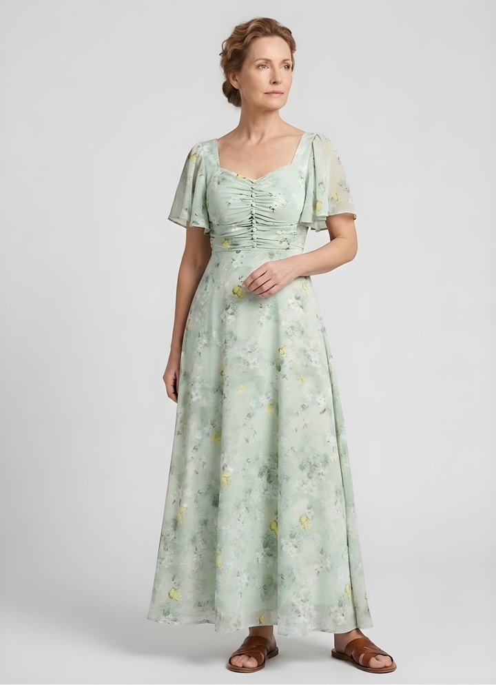 Anaïs | Robe longue fleurie en mousseline, corsage froncé et manches papillon