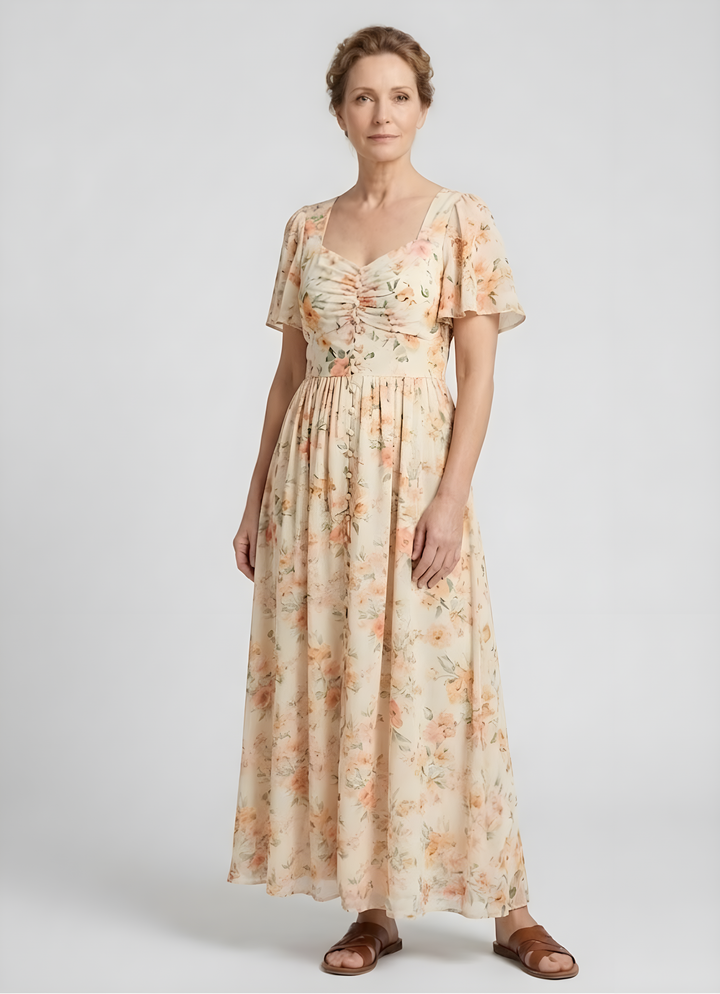 Anaïs | Robe longue fleurie en mousseline, corsage froncé et manches papillon