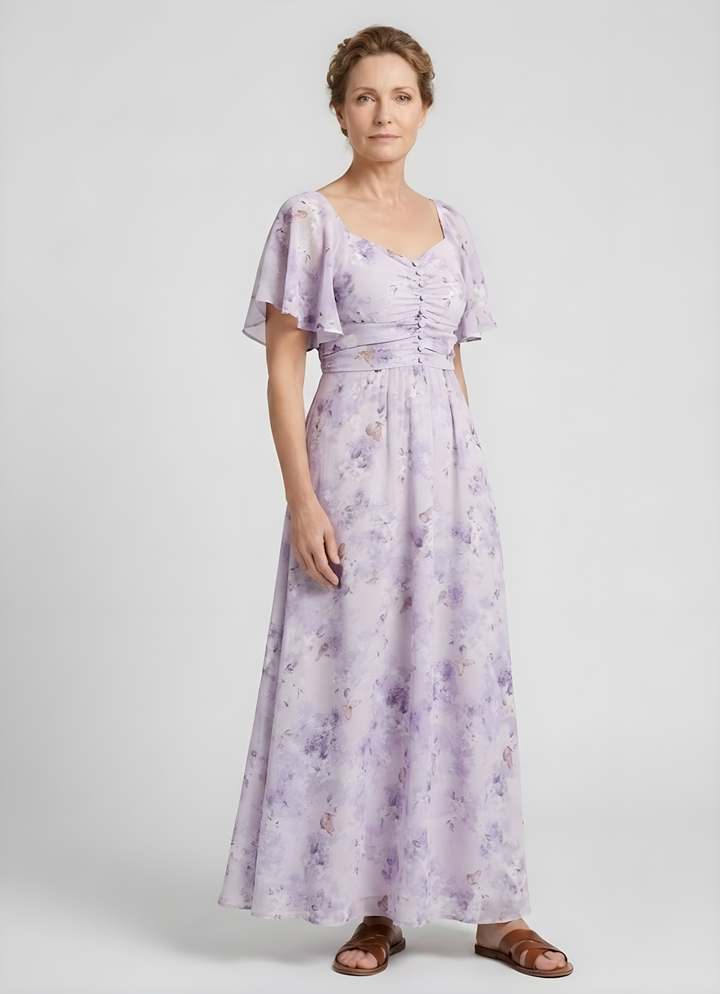 Anaïs | Robe longue fleurie en mousseline, corsage froncé et manches papillon