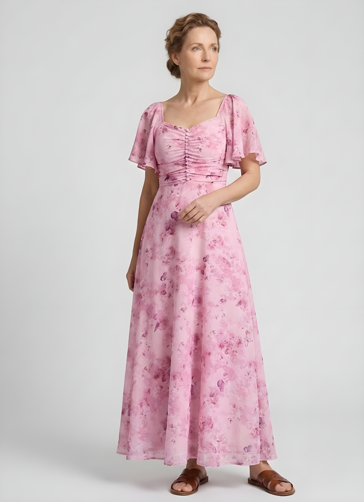 Anaïs | Robe longue fleurie en mousseline, corsage froncé et manches papillon