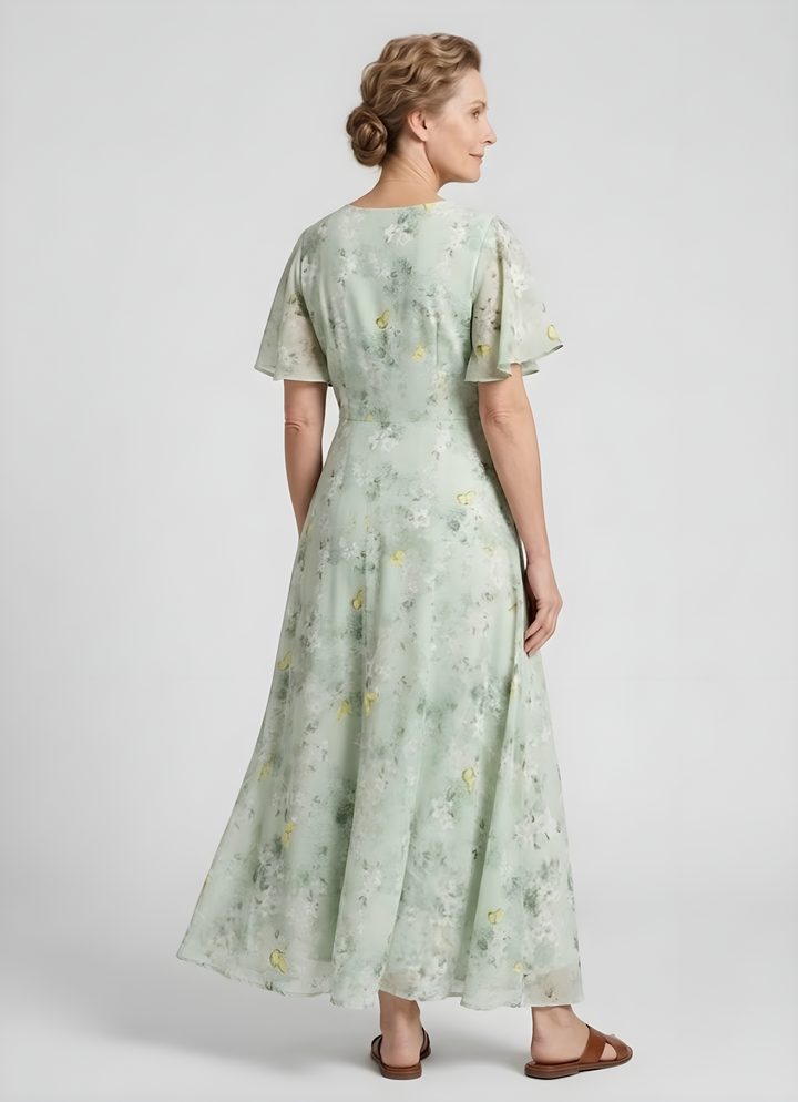 Anaïs | Robe longue fleurie en mousseline, corsage froncé et manches papillon