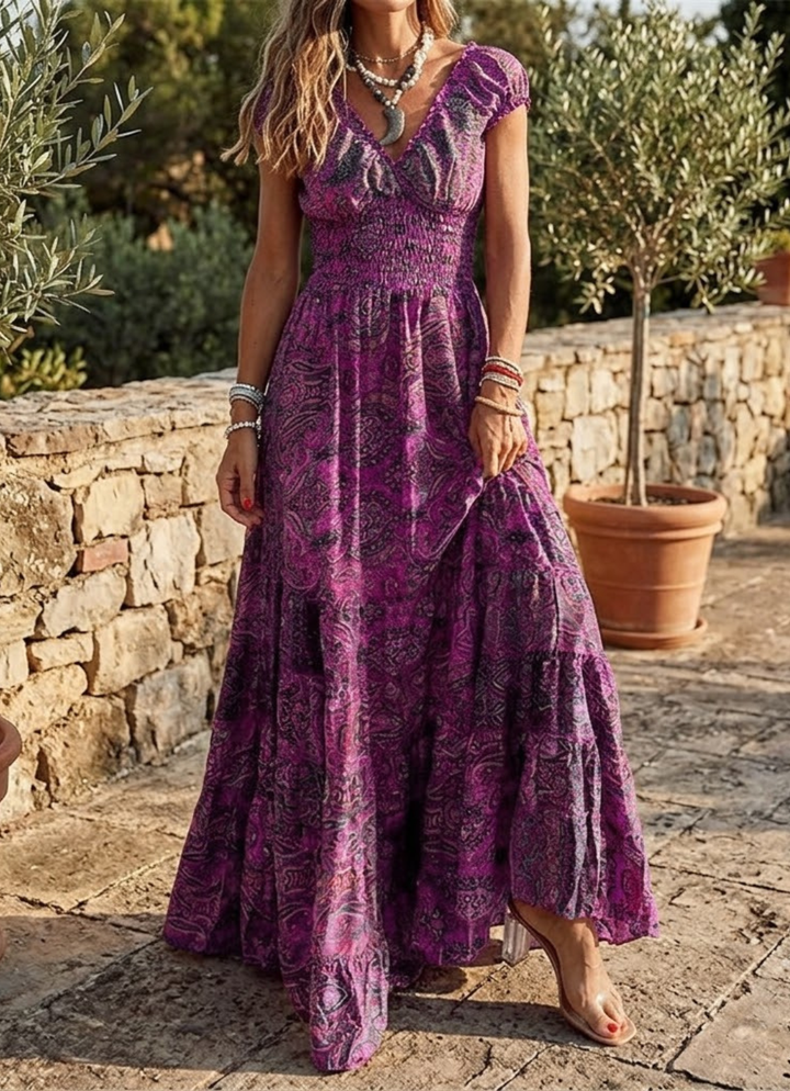 Salomé | Robe longue imprimée cachemire, encolure en cœur et jupe à volants