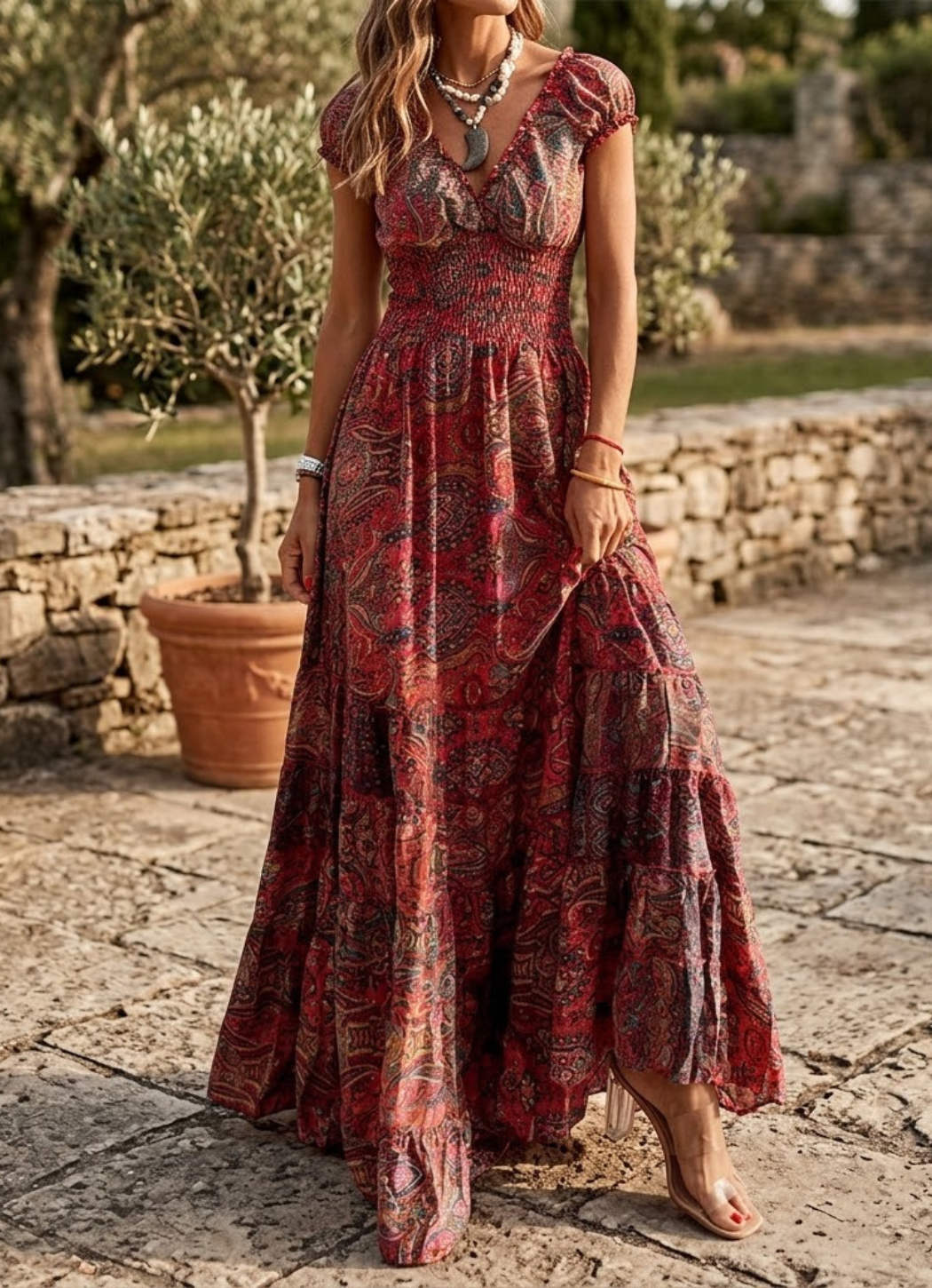 Salomé | Robe longue imprimée cachemire, encolure en cœur et jupe à volants