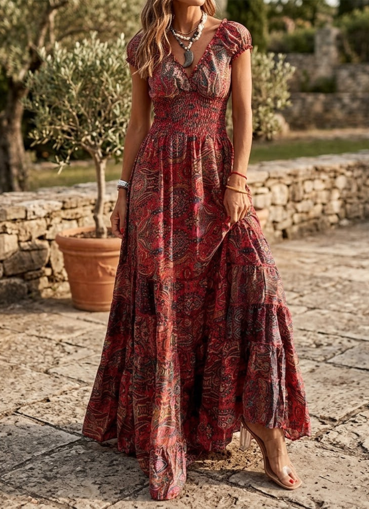 Salomé | Robe longue imprimée cachemire, encolure en cœur et jupe à volants