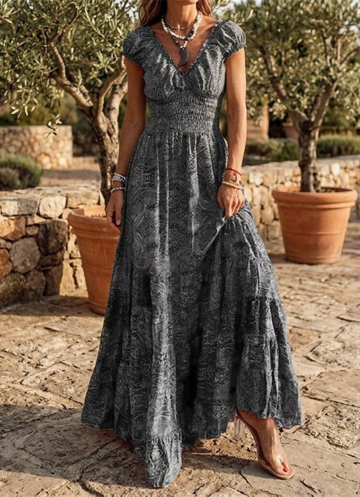 Salomé | Robe longue imprimée cachemire, encolure en cœur et jupe à volants