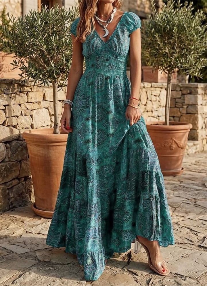 Salomé | Robe longue imprimée cachemire, encolure en cœur et jupe à volants