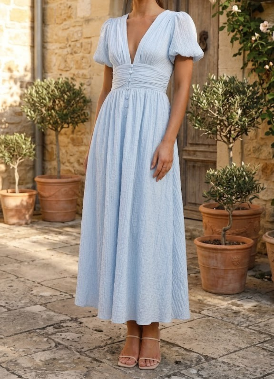 Manon | Robe midi fluide, corsage boutonné et jupe évasée