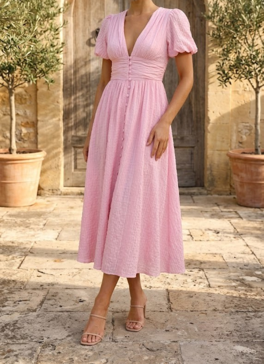 Manon | Robe midi fluide, corsage boutonné et jupe évasée