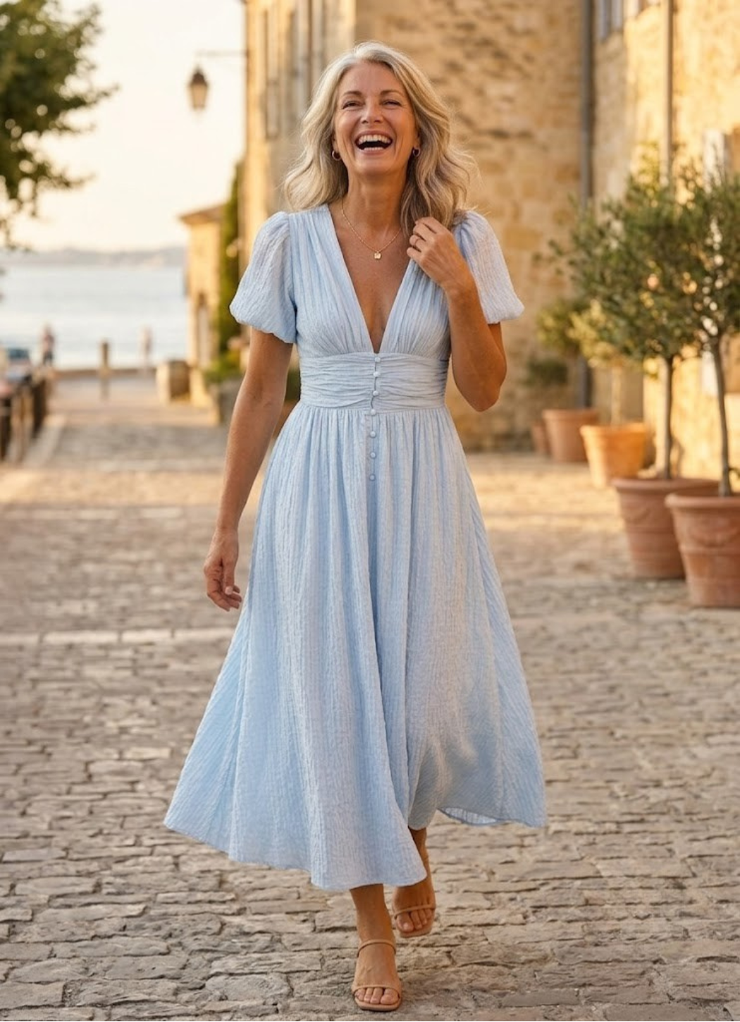 Manon | Robe midi fluide, corsage boutonné et jupe évasée