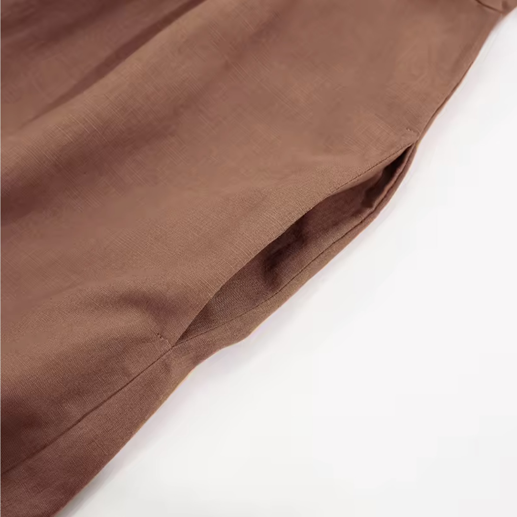 Marceline | Robe midi en coton-lin, manches courtes et poches latérales