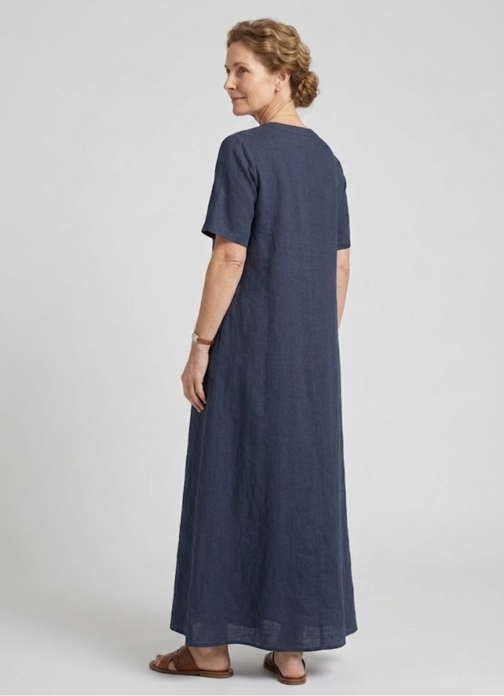 Rosalinde | Robe longue effet lin, coupe évasée et col tunique