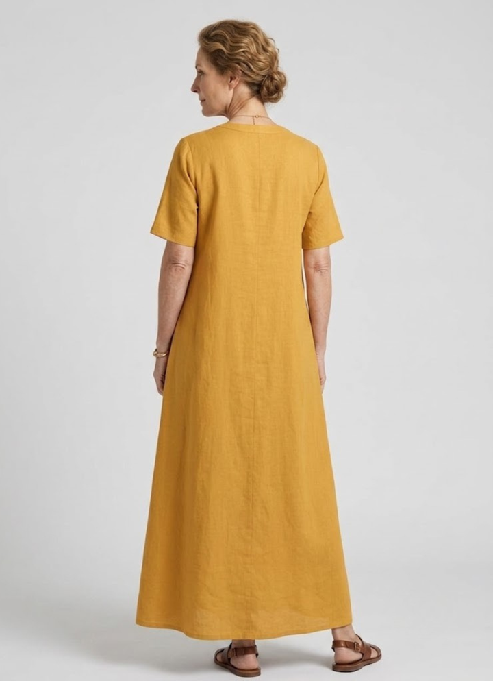 Rosalinde | Robe longue effet lin, coupe évasée et col tunique