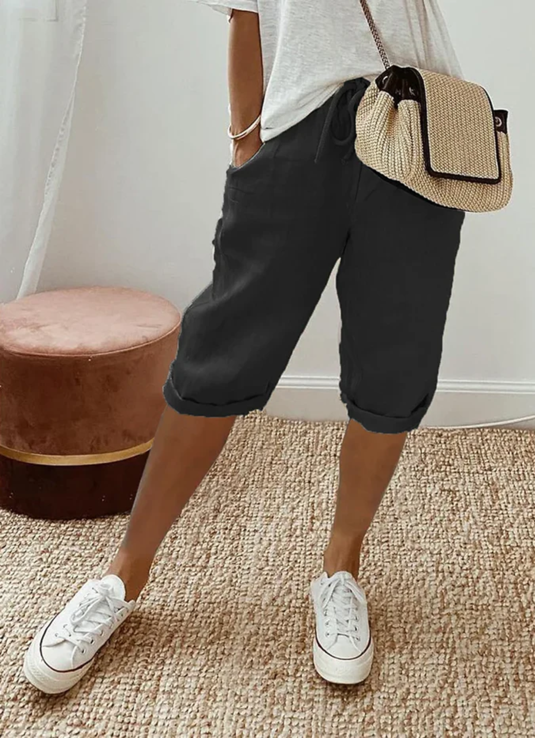 Pauline | Short en coton-lin, taille élastique et poches latérales