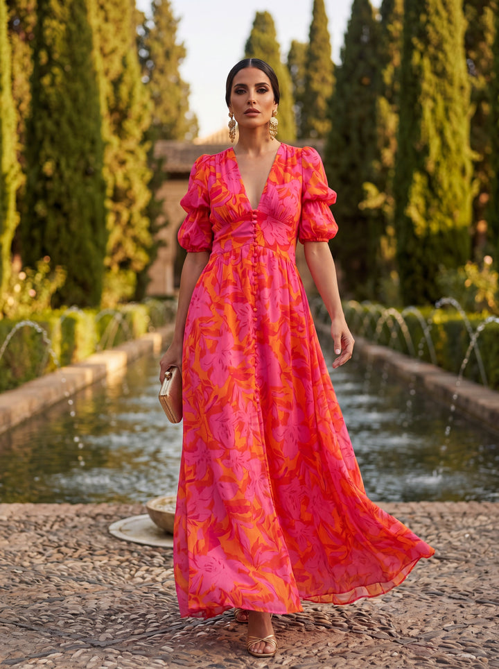 Zélie | Robe longue fluide, dégradé coloré et col en V